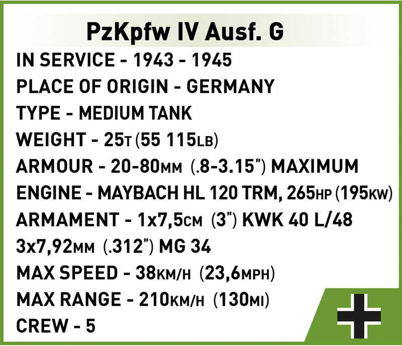 COBI Panzerkampfwagen IV Ausf G 2592 Daten