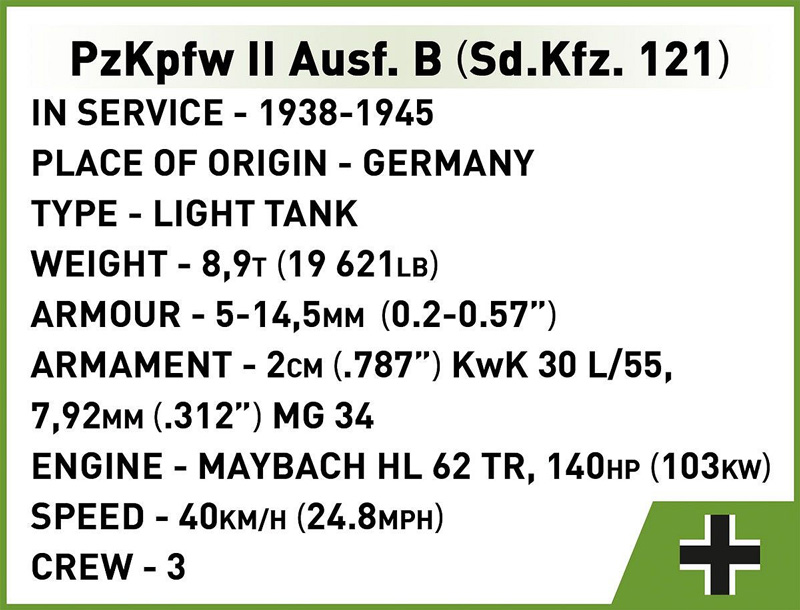 COBI 2596 Panzer II Ausf B Sd. Kfz 121 Limited Edition Set Daten