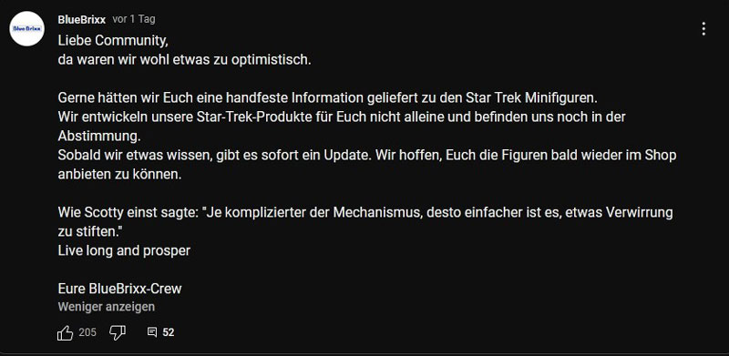 Bluebrixx Star Trek Minifiguren Verkauf Update Statement